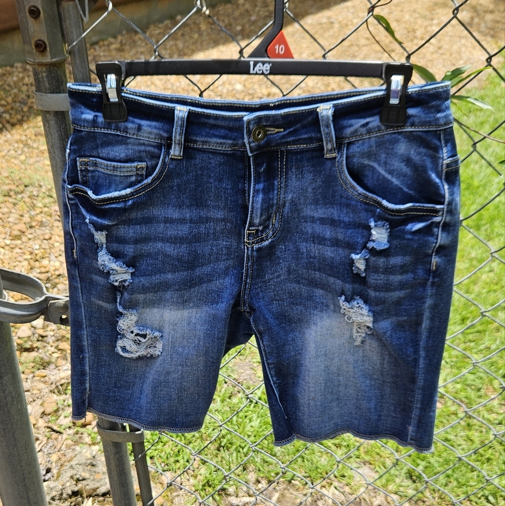 Blue Distressed Jean Shorts with Raw Hem